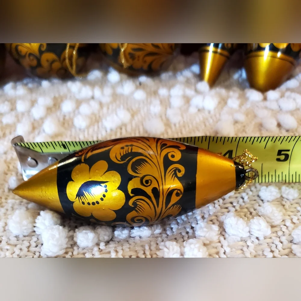 Vntg Russian "Khokhloma" Wooden, Hand Painted Christmas Ornaments, 8 Blk/Gold - Picture 11 of 16